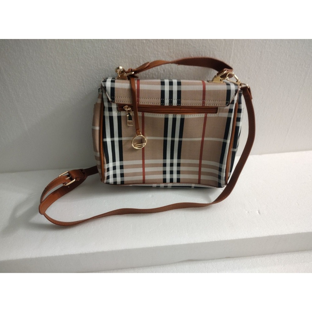 Plaid Crossbody Shoulder Bag Adjustable Strap Gold Turn-Lock Closure Top Handle
